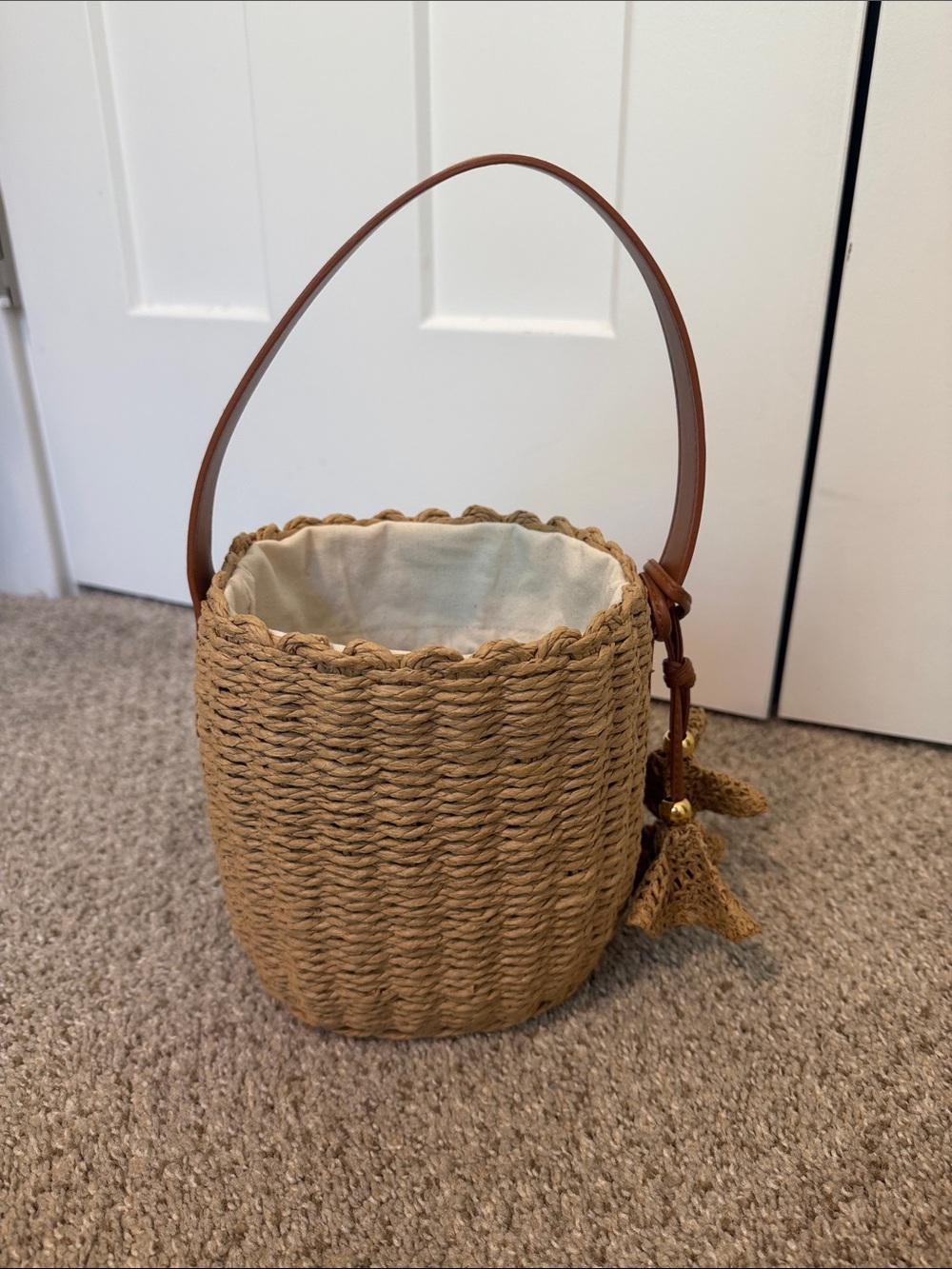 Woven Straw Bucket Bag with Tassels - Natural